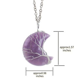 Anjiucc Natural Crystal Stone Tree of Life Metal Wire Wrapped Crescent Moon Pendant Necklace for Men and Women's Jewelry（Amethyst