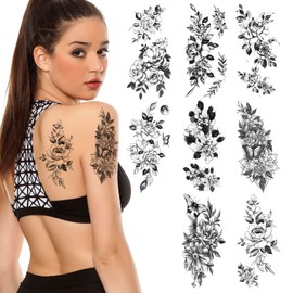 URAQT Temporary Tattoos Black, 8 Sheets Women Men Adults Fake Tattoo, Waterproof Sticker Temporary Flower Tattoo for Face Neck Arm, Tattoo for Sticking on the Skin