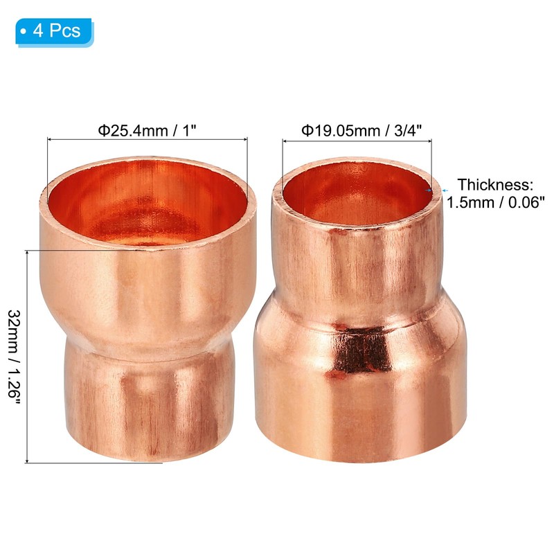 PATIKIL 1" to 3/4" ID Copper Reducer, 4pcs 99.9% Pure