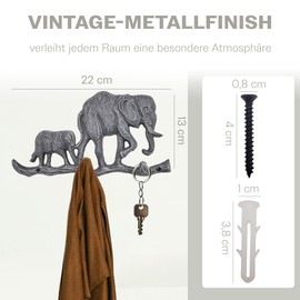 your castle Decorative Wall Hook with Elephant Motif, Cast Iron, with 3 Hooks, Approx. 22 x 13 cm