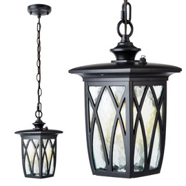 JYZ Dusk to Dawn Outdoor Pendant Lantern, 15 Inch Craftsman Style Large Exterior Hanging Light with Water Ripple Glass, Traditional Outdoor Chandelier for Front Porch Gazebo Patio Garden