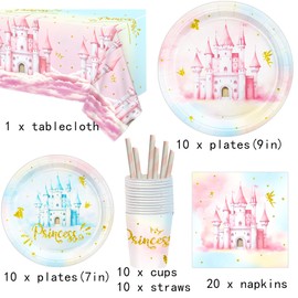 Princess Party Supplies Tableware Serves 10, 9in 7in Party Plates Napkins Cups Tablecloth Straws 61PCS Princess Party Decorations