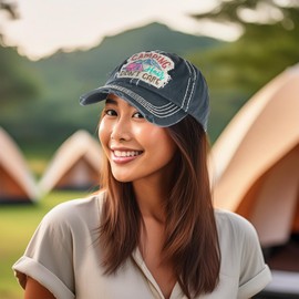Funky Junque Vintage Patch Hat: Camping Hair Don't Care (Tent) - Black