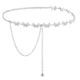GEEHUA Women's Chain Belt, Butterfly Waist Belt, Alloy with Rhinestones, Fashionable Link Chain Belt for Girls and Women, Jeans Dresses, silver