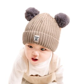 Kingsie Knit Hat, Baby Knit Cap, With Pom Poms, Plain, Cute, Autumn, Winter, Cold Protection, For Kids, Girls, Boys,, Khaki