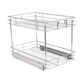 Pull Out Cabinet Organizer, 2 Tier Pull Out Drawers for Kitchen Cabinets, Double Tier Wire Basket Slide Out Shelf for Base Cabinet Organization ​in Kitchen, Bathroom, Silver (13.5" W X 21.5" D)