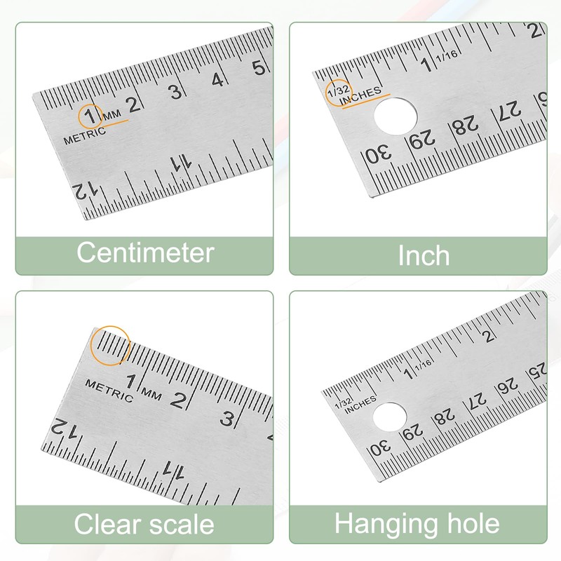 PATIKIL Stainless Steel Ruler Cork Backed, 2Pcs 12 Inch Straight