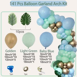 141PCS Sage Green Baby Blue Gold BalloonS Garland Arch Kit Retro Green Latex Balloons for Neutral Woodland Wedding Birthday Party Baby Shower Decoration