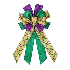 Large Mardi Gras Bow for Wreath, Purple Green Gold Gitter Stripe Bow for Mardi Gras Decoration - Sequin Bow for Front Door Indoor Outdoor Wall Mardi Gras Party Supplies Ornament