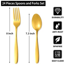 24-piece Gold Forks and Spoons Silverware Set, Food Grade Stainless Steel Flatware Cutlery Set for Home, Kitchen and Restaurant, Gold Spoons and Forks Set, Gold Dinner forks Mirror Polished (Gold)