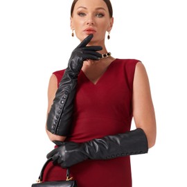 VIKIDEER Side Button Long Leather Gloves for Women with Plush Lining Warm Elegant for Evening Opera or Daily Black XX-Large