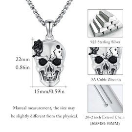 CRWENG Skull Necklace for Men 925 Sterling Silver Skull Pendant Necklace Skeleton Necklace for Men Gothic Punk Skull Necklace Skull Jewelry Gift for Men Women, standard, Sterling Silver, Zircon