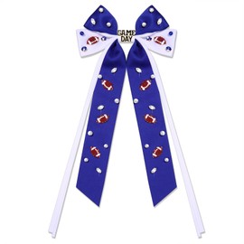Football Hair Bows Accessories for Women White Blue Football Game Day Cheer Bows Jeweled Large Hair Bows Satin Ribbon Bows Blue Spirit Day Accessories Game Day Outfits Gifts (Pattern A4)