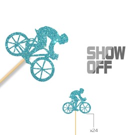 MonMon & Craft Bicycle Cupcake Toppers / Bike Rider / Boys Birthday / Sport Theme Men Birthday Party Cupcake Decorations / Sky Blue Glitter - 24 Pcs