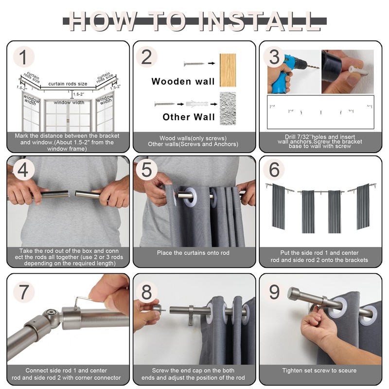 Mayrhyme Brushed Nickel Bay Window Curtain Rods with Aluminum End