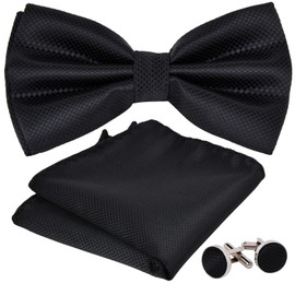 Juego de 3 Pajaritas de Lazo para Hombre,Corbata de Lazo Ajustable con Gemelos,Cuadrados de Bolsillo,Preatadas para Corbatín Sólido con Caja de Regalo,Conjunto de Pajaritas para Bodas,Negocios(Negro)