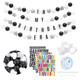 Heopeis DIY Giant Friendship Bracelet Birthday Banner in My Birthday Era Banner Famous Singer Customizable Banner Garland Decor Foam Circles Ball Plastic Balls Stars DIY Supplies(Black/Gray/White)