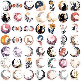 Pigbit 50Pcs Boho Cottagecore Moon Art Stickers - Aesthetic Vintage Moon Flower Cat Stickers for Water Bottles, Laptops, Journals, Scrapbooking