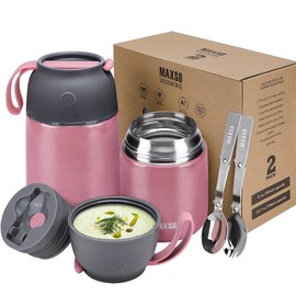 MAXSO 2 Pack Soup Thermo for Hot & Cold Food for Kids Adults, Vacuum Insulated Food Jar Thermal Lunch Containers, Travel Food Flask with Spoon (24 oz,17 oz) (Pink)
