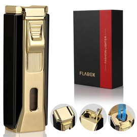 FLABOX Triple Jet Flame Torch Lighter with Punch and Holder, Multifunctional Windproof Torch Lighter Refillable Butane Lighter,Delicate Box Gift for Men Husband on Birthday Gold,Without Butane
