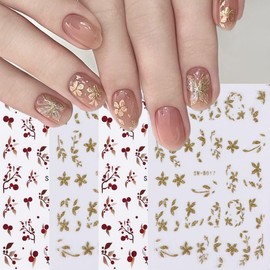 HYWWPFLAY 4 Sheets Leaf Nail Stickers for Nail Art, Self - Adhesive Leafs Nail Decals, (Red Gold) Reflective Glitter Simple Flower Nail Art Stickers Design for Women Girls DIY Nails Art Supplies