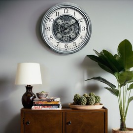 Lily's Home 15" Moving Gears Wall Clock, Large Modern Clocks for Living Room Decor, Industrial Steampunk Vintage Decorative Wall Clock for Home, Office - Intricate Gear Design, Bold Numbers (Silver)