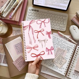 Lacama Coquette Stuff Pink Bow Notebook Journal, Cute Preppy Spiral Notebook for Teen Girls Women, 160 Pages, 5.5"x8.3" Trendy Hardcover Journaling Notebooks, Office School Supplies