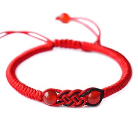 MENGLINA Men Women Hand-woven Chinese Knot Black and Red Rope Couple Bracelets Natural Agate Stone Beads Braided Lucky Feng Shui Bracelet Love Jewelry (Red)