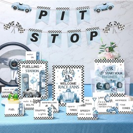 Sonwyoung 19 Pcs Race Car Birthday Party Decorations Boys Two Fast Vintage Birthday Party Decor 2 Fast Dusty Blue Black Wheel Checkered Party Supplies for Baby Shower Race Car Fast One Party