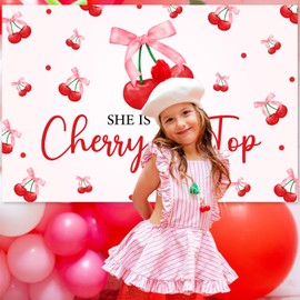 Cherry Birthday Backdrop, Pink She's The Cherry On Top Backdrop Baby Shower Decor, Red Cherry Theme Party Decor for Bachelorette Bridal Shower Party Banner Photo Background Cloth(5 * 3ft)