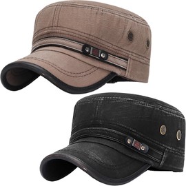 YeeHeen Cadet Army Hat 2 Pieces Flat Top Cap Unisex Military Hat for Women Men Black E + Brown E