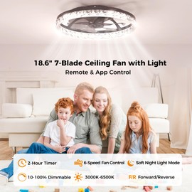 Aphyni Ceiling Fans with Lights and Remote, Crystal-Edged Modern Flush Mount LED Fan Light, 6 Wind Speeds Low Profile Fandelier Ceiling Fan with Light for Bedroom, 3000-6500K Dimmable (18.6" Black)