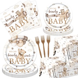 We Can Bearly Wait Plates and Napkins Set, Bear Baby Shower Decoration Brown Bear Tableware Tablecloth for Boy Girl Baby Shower Gender Reveal Birthday Supplies