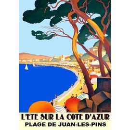 L'ete SUR La Cote D'Azur Plage De Juan Les Pins Ocean Beach France French 20" x 30" Image Size Vintage Travel Poster Repro on Matte Paper