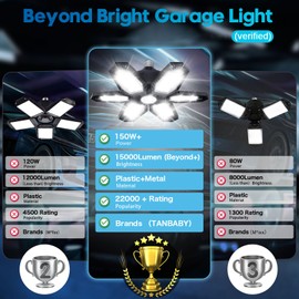 TANBABY 2 Pack LED Garage Lights, 150W Deformable Best Ceiling Shop Lights, 15000LM LED Light 6500K Garage Lighting with 6+1 Adjustable Panels Bulb for Basement