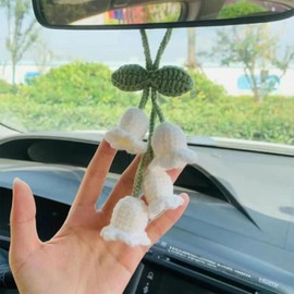 Car Accessories for Women, Car Mirror Decor Hanging, Handmade Knitted White Lily of The Valley, Cute Crochet Car Rear View Mirror Accessories Suitable for Backpacks, Key Chains, Car Decoration