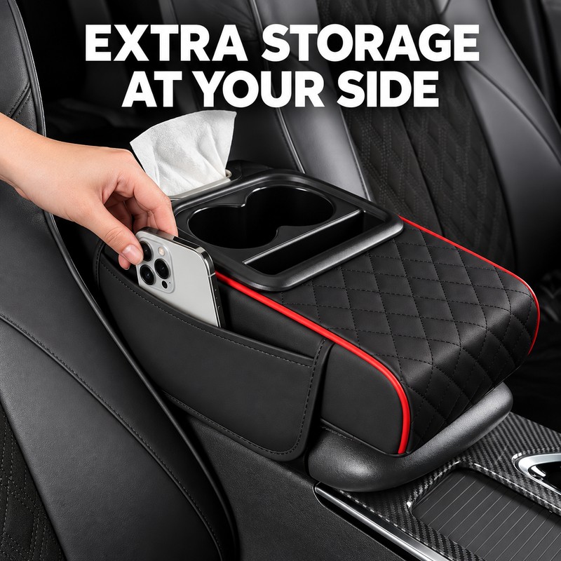 Car Center Console Armrest Storage Box with Heightening Cushion and