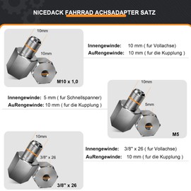 NICEDACK Bicycle Axle Adapter for M10 x 1.0 Full Axle, 3/8 Inch x26 Full Axle, M5 Quick Release, Bicycle Trailer Clutch Adapter