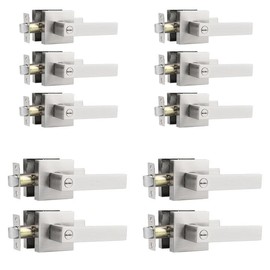 Probrico 10 Pack Satin Nickel Door Locks for Bedroom and Bathroom,Privacy Function Contractor Pack,Square Lockset Leverset Modern Style,Interior Door Handles Heavy Duty