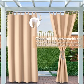 Clothink Outdoor Weatherproof Curtain with Velcro Fastener, Waterproof Privacy Screen and Sun Protection for Balcony / Patio / Porch / Pergola / Garden Gazebo, 132 x 245 cm, Beige