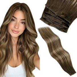 LaaVoo Genius Weft Real Hair Wefts for Sewing Ombre Dark Brown with Strawberry Blonde Sew-in Weft Hair Extensions Real Hair 80 g Remy Hair Wefts Real Hair Extensions Bundles Balayage Brown 60 cm #4/27