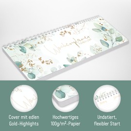 Weekly Desk Calendar Undated [Gold Leaf] in Landscape Format for Standing Up 1 Week 2 Pages Weekly Planner without Date 29.5 x 10.5 cm Sustainable and Climate Friendly