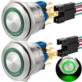 ZJWZJH Waterproof Push Button Switch 22mm Momentary 12V DC/AC SPDT Silver Contact Stainless Steel with Wire UL Certified 7/8" 2 PCS (Green, Momentary,12V)