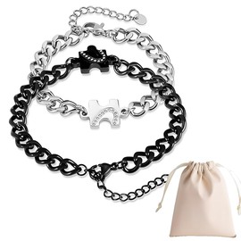 KBCYRT Couples Bracelets Puzzle-Design - Matching Stainless Steel Set for Him & Her with Cubic Zirconia - Interlocking Heart Symbol, Adjustable 6-8 Inch, Gift Bag Included