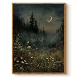WHASAYART Moonlit Forest Wall Art 12x16 Framed Wildflower Meadow Canvas Print, Rustic Nature Night Landscape Artwork Moody Dark Crescent Moon Botanical Flowers Trees Art, Aesthetic Bedroom Home Decor