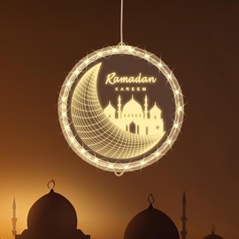 ALIBBON 3D Ramadan Kareem Lights Moon Castle LED Lights Eid Mubarak Window Lights Islamic Muslim Style Hanging Lights with Suction Cup Battery Operated Eid Lights Ramadan Decorations for Home