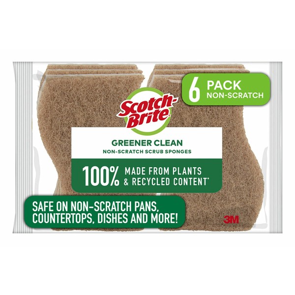 Scotch-Brite Greener Clean Scrub Sponges, Natural Sponges for Cleaning Kitchen, Bathroom, and Household, Non-Scratch Sponges Safe for Non-Stick Cookware, 6 Scrubbing Sponges