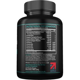 Glucosamine and Chondroitin High Strength Plus 5 Vitamins - 120 Complex Capsules 1,000mg (Providing 530mg Base) - Chondroitin 200mg - Added Turmeric, Ginger, Black Pepper, Vitamin C, B6, B1, D3 & B12