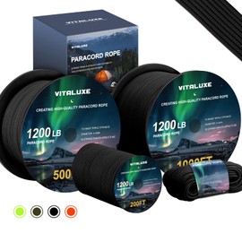 VITALUXE 1200lb Paracord Rope, 4.4mm 15 Triple Strands Paracord, Heavy Duty Tactical Parachute Cord for Survival Gear, Camping, Hiking, and Ideal for Bracelets, Lanyards, Type III, 1000FT, Black