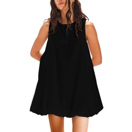 SuperPrity Womens Summer Dress Sleeveless Crew Neck Mini Dresses Bubble Casual Keyhole Tie Back Beach Vacation Sundress Black Small